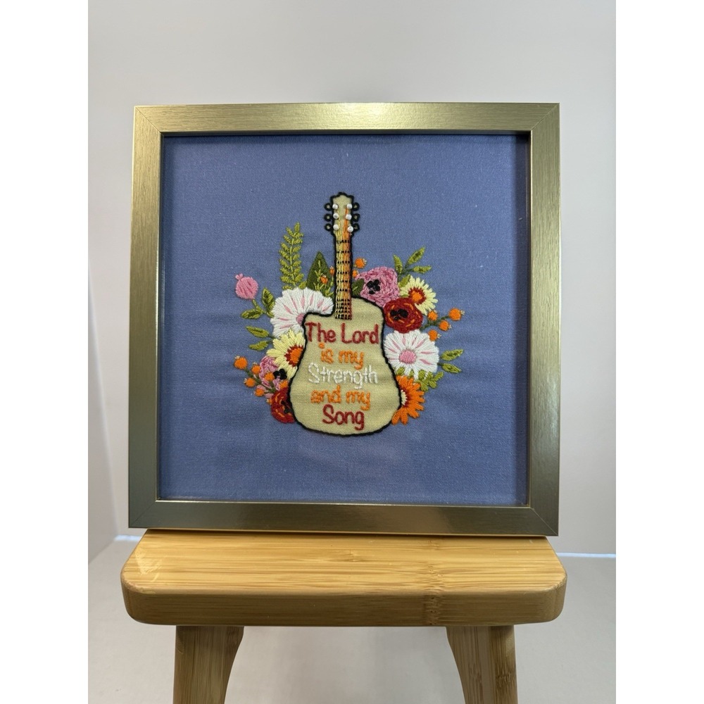 Framed Embroidery Art "The Lord Is My Strength And My Song" Guitar 9"X9" Floral